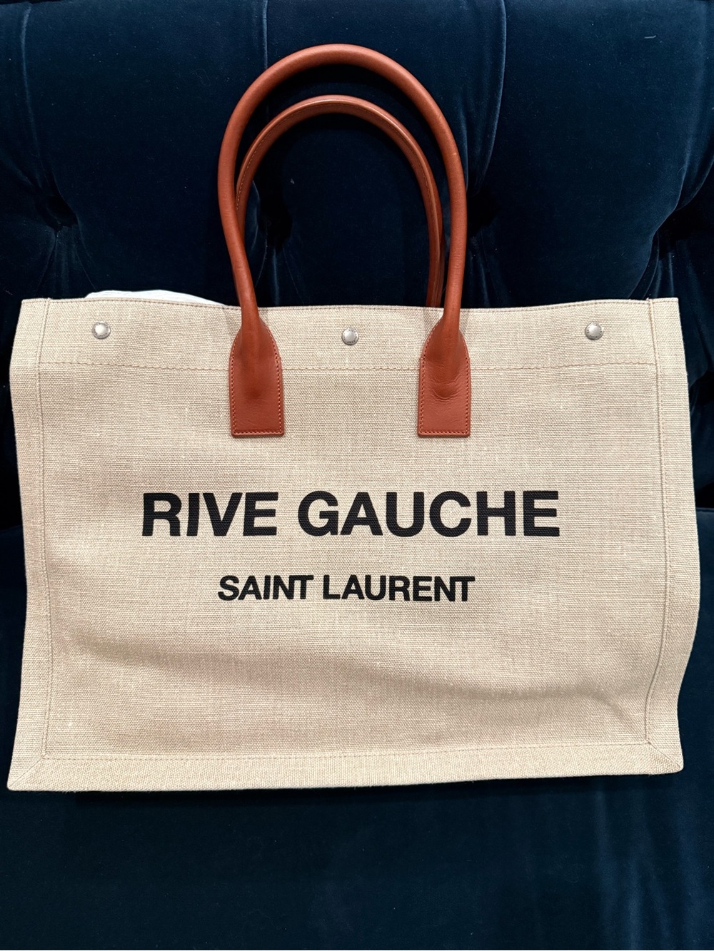 Saint Laurent Beige Canvas Rive Gauche Tote with Brown Leather Handles